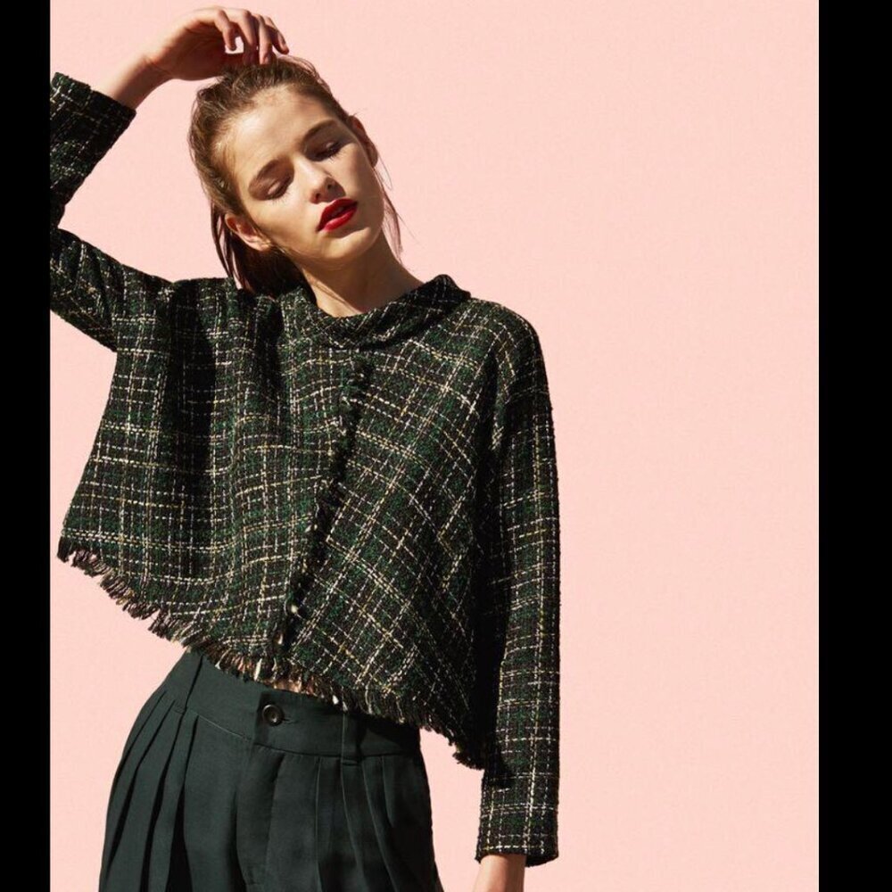Zara Women's  Green and Black Tweed Pullover Top